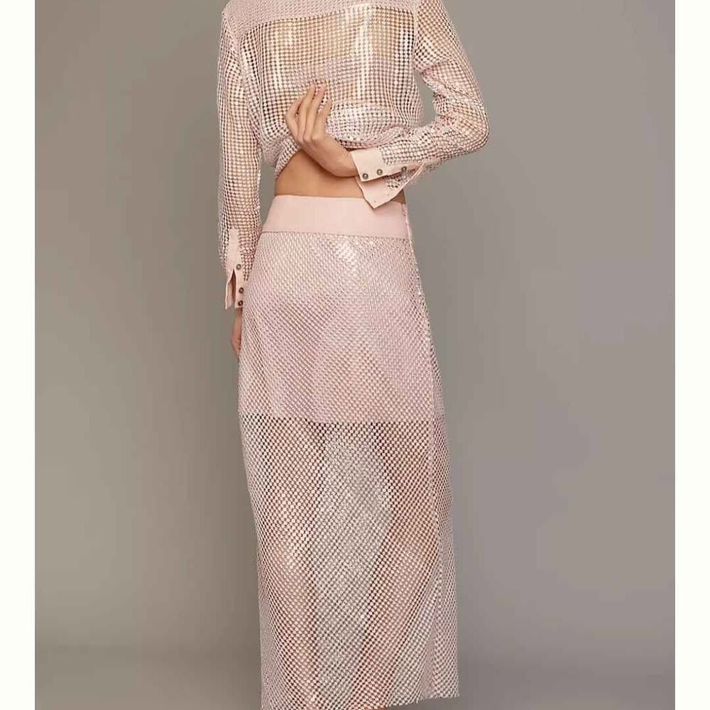 New Anthropologie Pilcro Chainmail Pale Pink Column Mesh Skirt - Picture 4 of 8